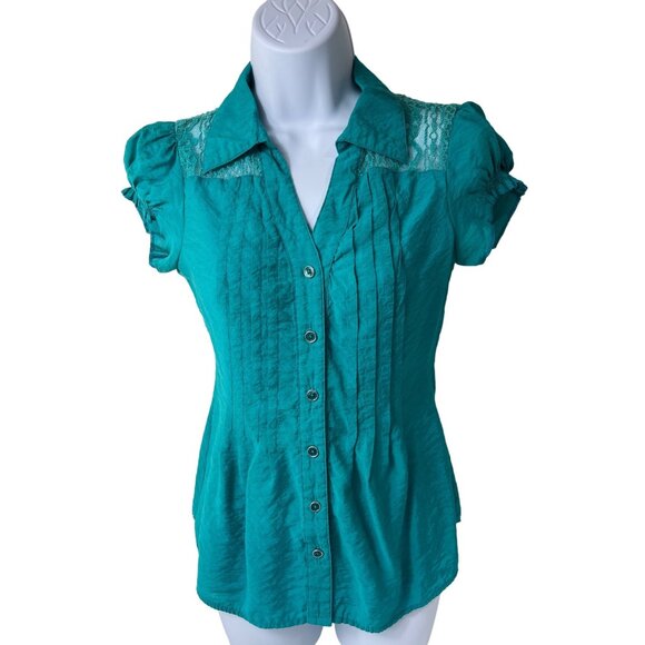 Cotton Express Small  Green Short Sleeve Top V-Neck 24b - Picture 1 of 11